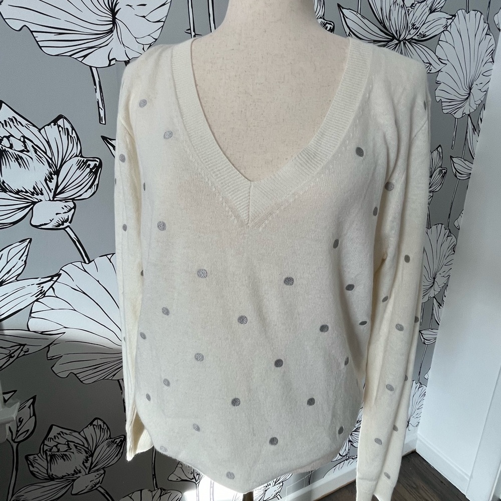 J.Crew lightweight sweater. Off-white with silver metallic polka dots.Size XL -
